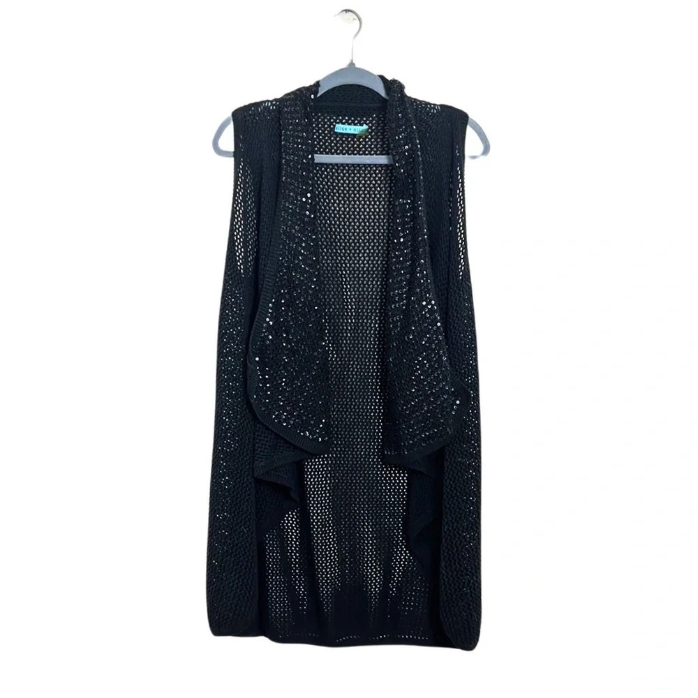 Alice‎ + Olivia Black Knit Whimsigoth Beaded Sleeveless Cardigan Sweater Small